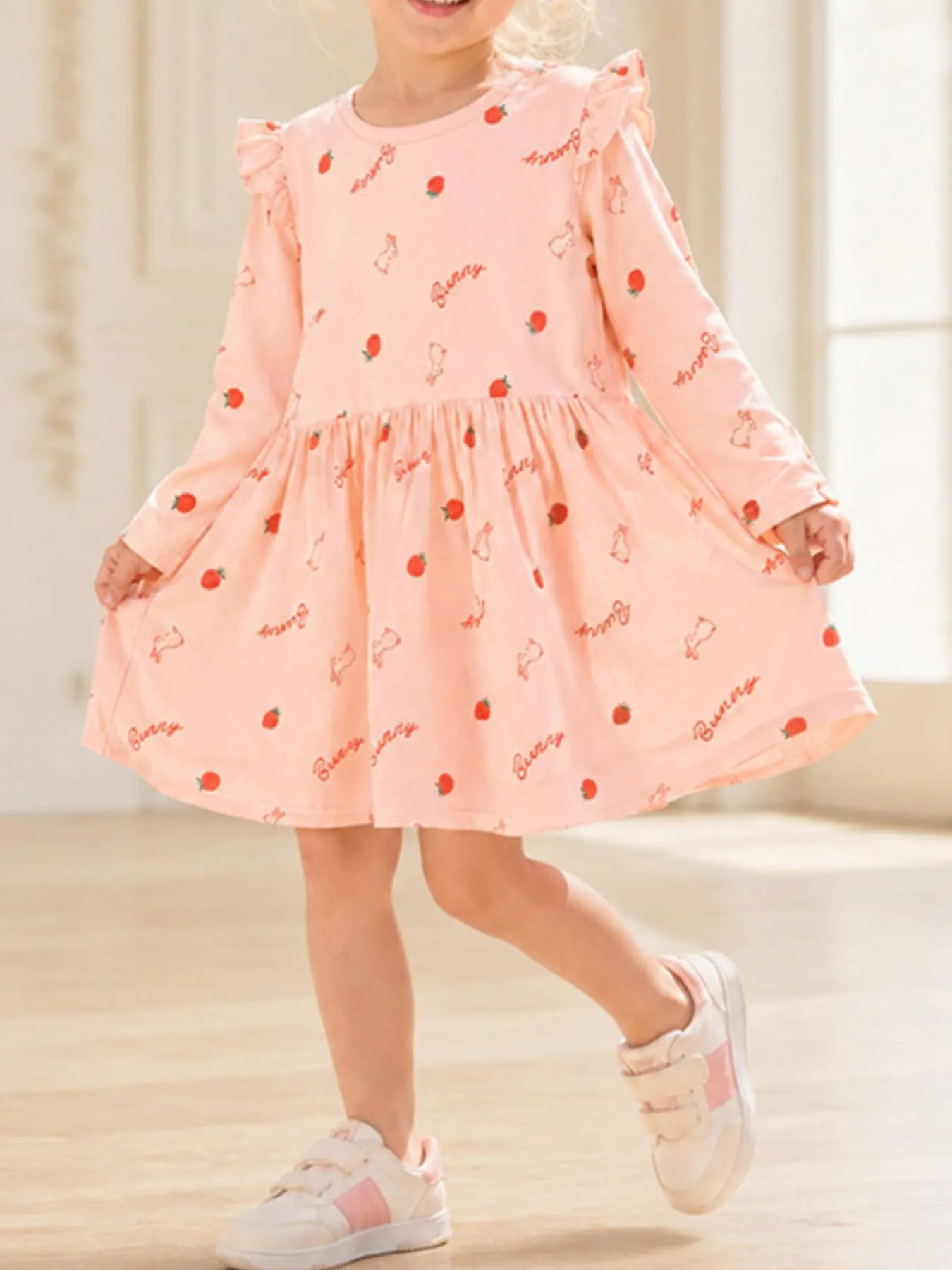Children's Strawberry and Bunny Print Ruffled Long-Sleeve A-Line Dress