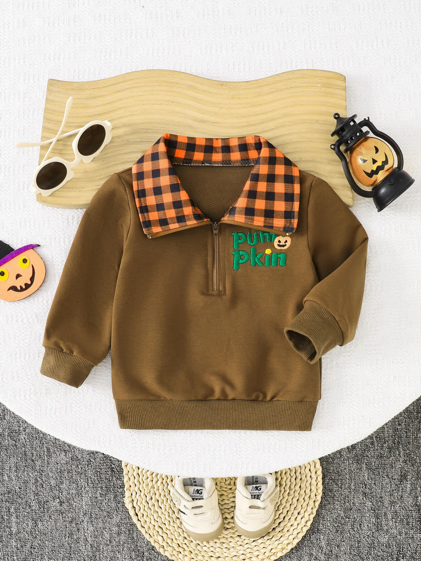 Children's Pumpkin Quarter-Zip Plaid Collar Sweatshirt
