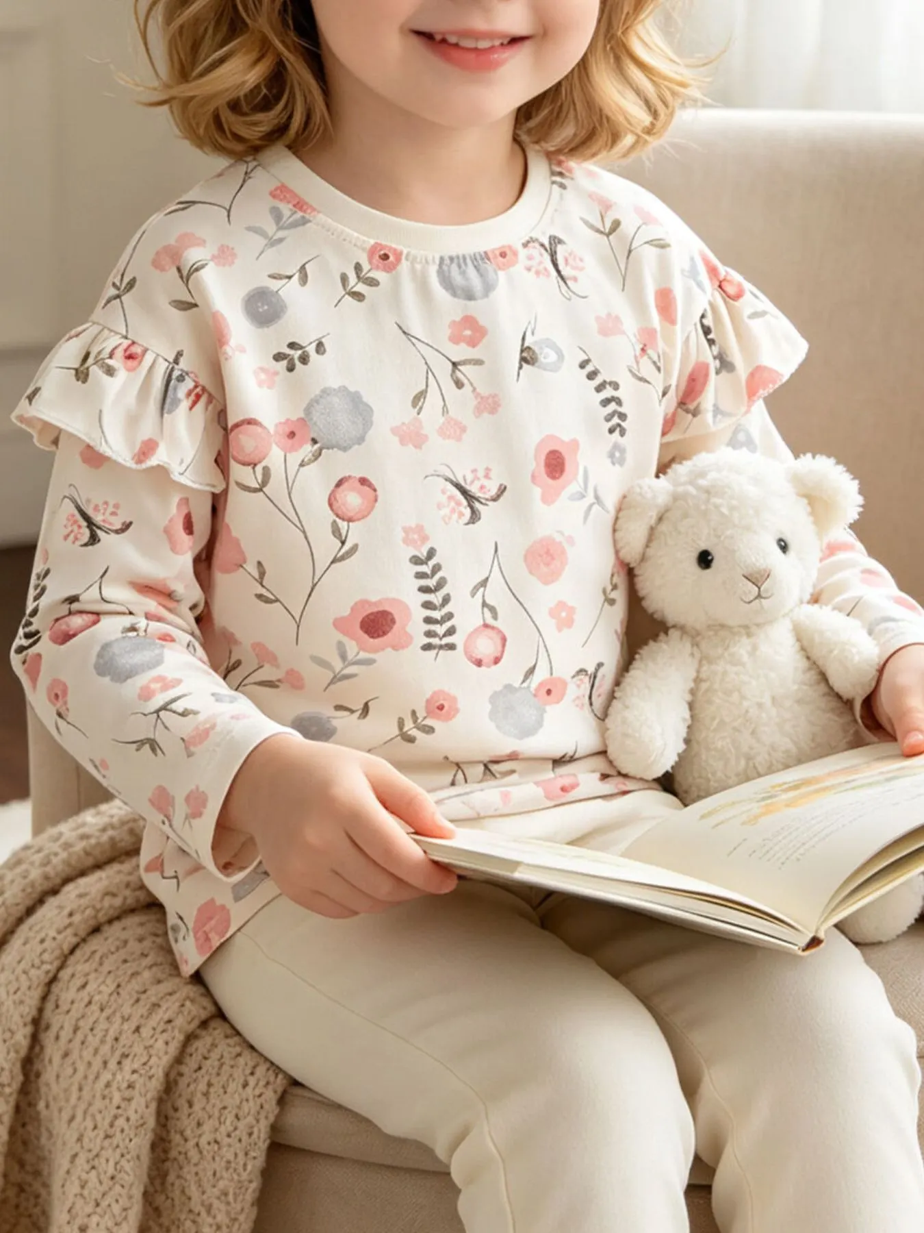 Children's Floral Print Ruffle-Sleeve Crew Neck Sweatshirt