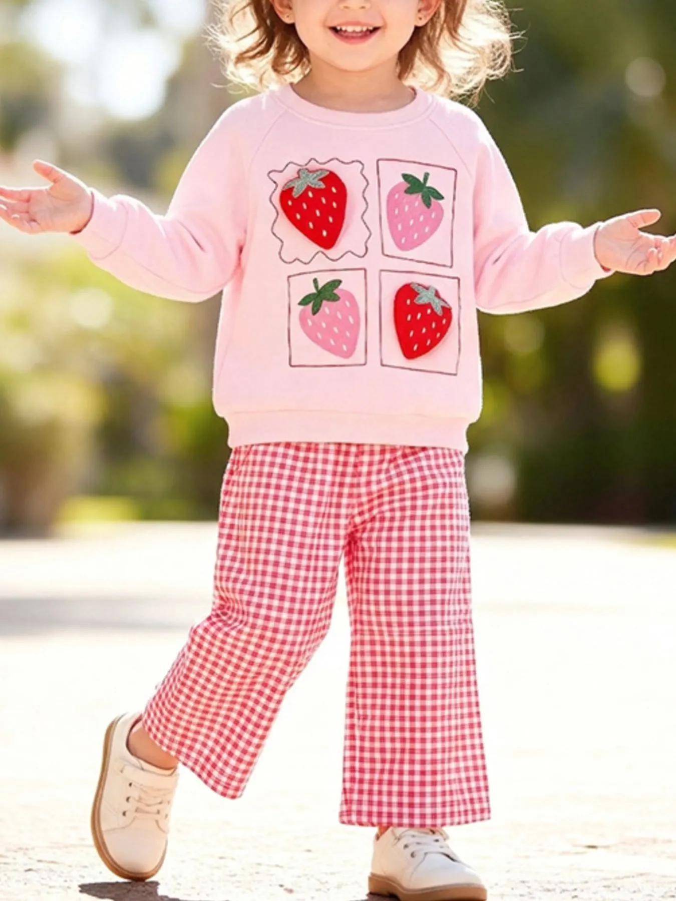 Children's Strawberry Graphic Sweatshirt and Gingham Pants Set