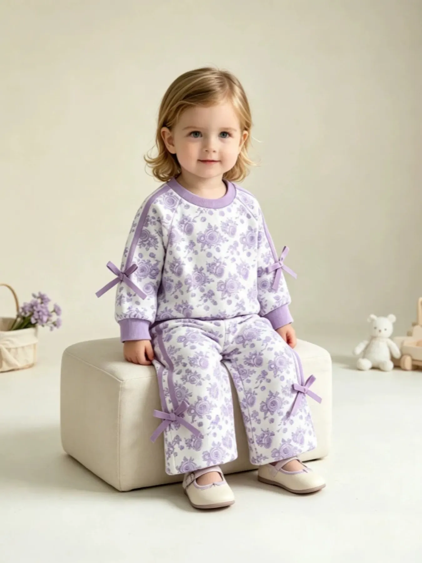 Children's Floral Print Round Neck Top and Pants Two-Piece Lounge Set
