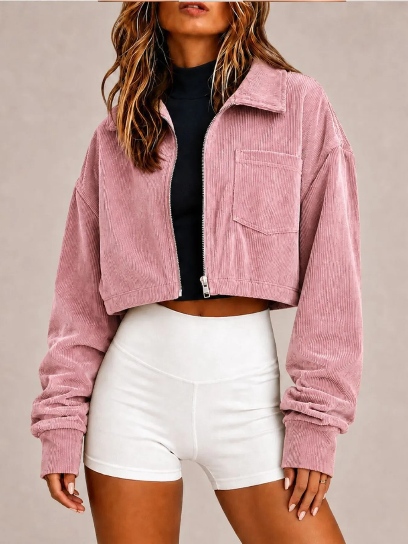 Corduroy Zip Up Cropped Jacket